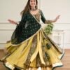 Reversible 1 : Bottle Green Plain and Methi Yellow with Sequence Print